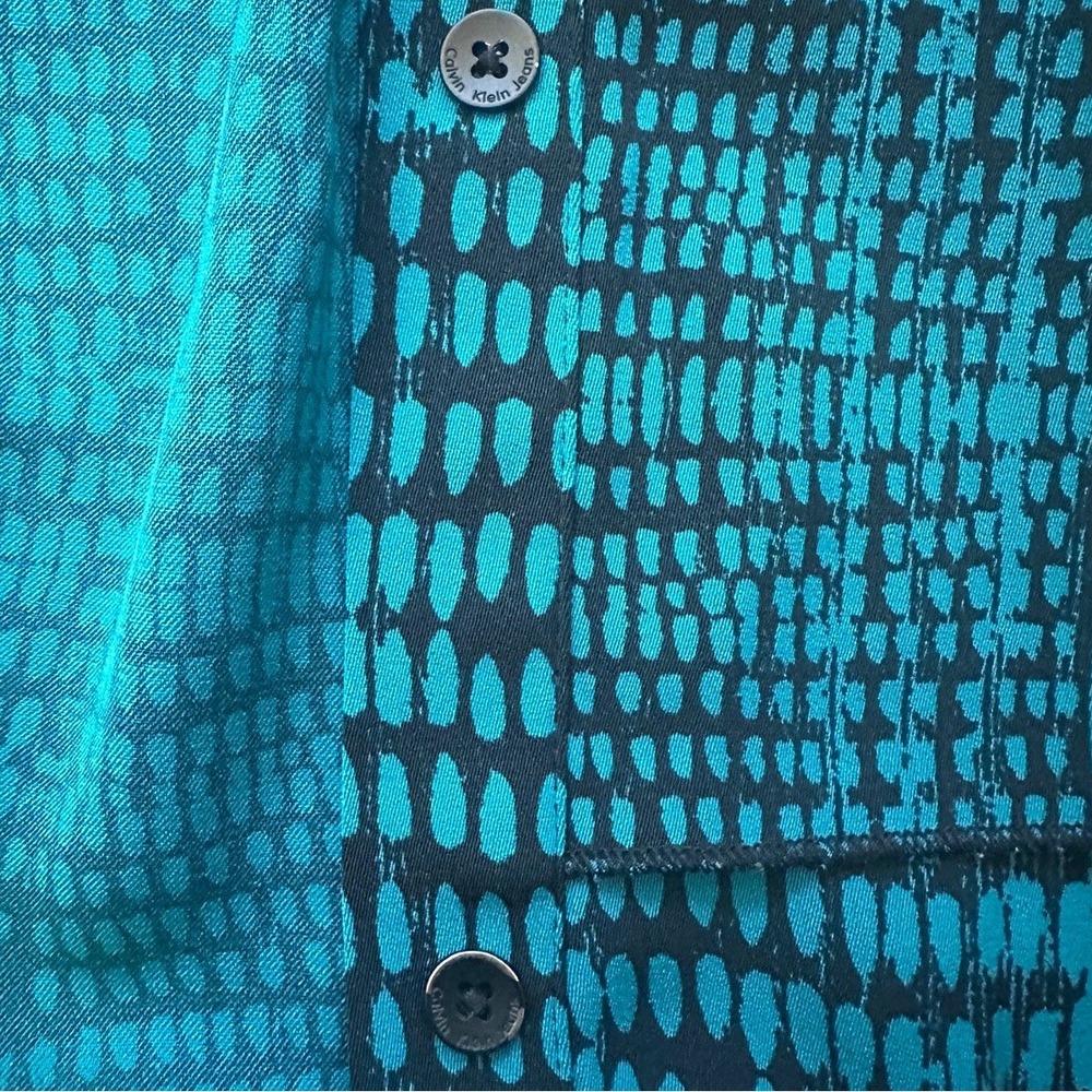Calvin Klein Jeans M Teal Black Abstract Print Button Down Blouse Tunic Shirt - Picture 8 of 8